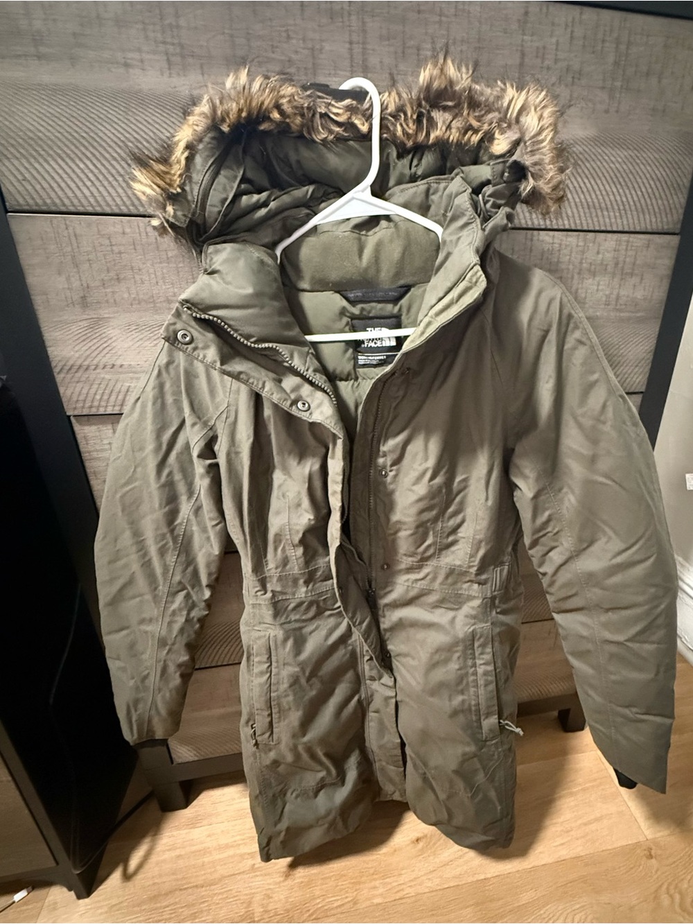 The North Face Olive Green Faux Fur Trim Hooded Parka